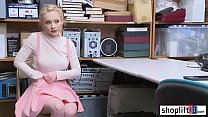 Busty blonde girl fucked by a policeman bicause she stole his wallet from the office and gave her big cock
